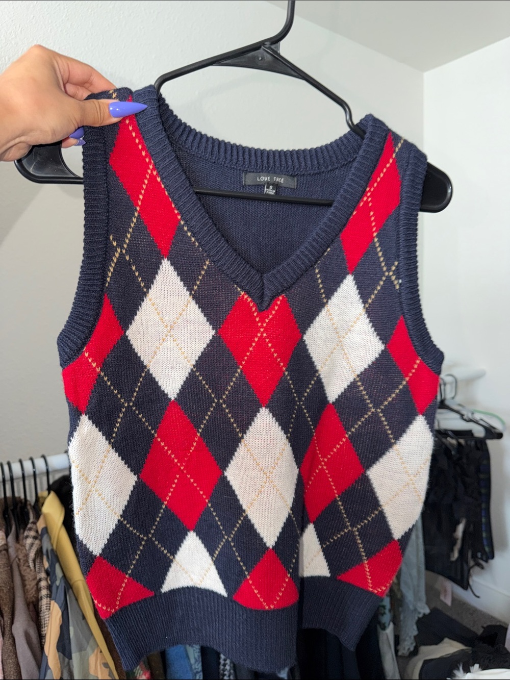 Love Tree Navy Red White Argyle V-Neck Sweater Vest